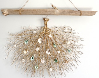 Handmade Sea Fan Wall Art, Sea glass Wall Decor, Coral Wall Hanging, Shell Decor, Beach Wall Decor, Driftwood Decor, Coastal Wall Hanging