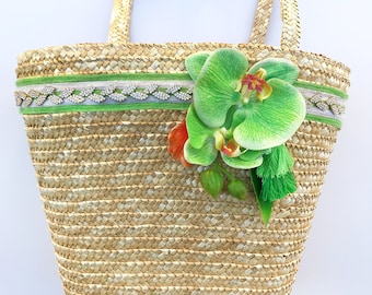 Handmade Orchid Bag, Tropical Beach Bag, Flower Tote, Tassel Bag, Boho, Summer, Ribbon Trim, Asian Blossom Purse, Succulent Leaf Bag, Unique