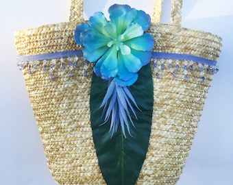 Handmade Succulent Bag, Beach Bag, Palm Leaf Tote, Summer Purse, Fabric Trim, Woven Straw Bag, Flower Bag, Ocean decor (Sweet Succulent Tote