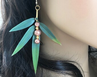 Handmade Tropical Palm LEAF Earrings, Boho, Tribal, Festival, Bamboo, Goddess, Beach, Summer, Unique, SEXY, Shell (Nature Goddess Earrings2)