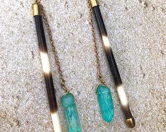 Handmade Long porcupine Quill Earrings, Stunning Jade Crystal Statement Earrings, One of a Kind Native Earrings, African Tribal Earring