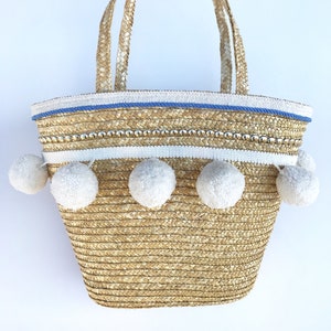 Handmade HUGE POM POM Tote, Beach Bag, Summer, Boho, Festival Tote, Metal, Basket, Fringe Trim, Tassel Bag, Wedding Purse, Bridal Tote, Cute