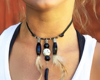 Handmade Feather Necklace, Southwestern Jewelry, Onyx Necklace, Statement Choker, Free Spirit Jewelry, Festival Necklace, Healing Jewelry