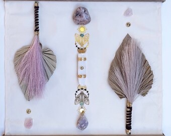 Edelsteen interieur, zen kunst aan de muur, yoga meditatie decor, seleniet decor, kristalgenezing decor, chakrastenen, palmbescherming, boho cadeau