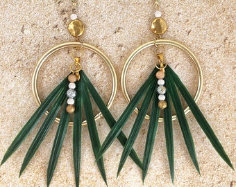 Handmade Tropical LEAF Hoop Earrings, Palm, Boho, Tribal, Festival, Goddess, Summer, Flower, Unique Coachella, SEXY(Palm Princess Earrings 2