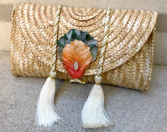 Handmade Tassel Purse, Floral Clutch, Beach Bag, Woven Straw Tote, Tropical Themed Wedding Gift, Unique Bag, Flower Petals, Bridal Bag