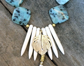 Handmade Tribal Necklace, Turquoise, Chakra, Boho, Festival, Feather, Spike, Stone, Statement, Sexy, Unique, Leaf, Native (Moonlight EOS)