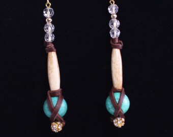 UNIQUE Handmade Tribal Earrings, Swarovski, Boho, Bone, Leather, Rhinestone, Festival, Wrapped, Turquoise, Western, (Jungle Gem Earrings)