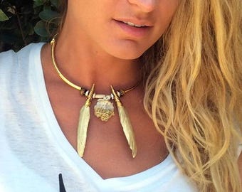 Handmade Gold Feather Necklace, Unique Statement Choker, Beautiful Coral Necklace, Indian Feather Jewelry, One of a Kind Necklace, Gift