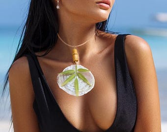 Handmade Bamboo Necklace, Tropical Statment Necklace, Unique Leaf Pendant, Capiz Flat Shell, Palm Leaf Necklace, Tropical Leaves Necklace