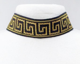 Designer Choker, Greek Key Design Jewelry, Black & Gold Necklace, Sexy Collar, Runway Necklace, Greek Key Choker, Gold Metallic Necklace,