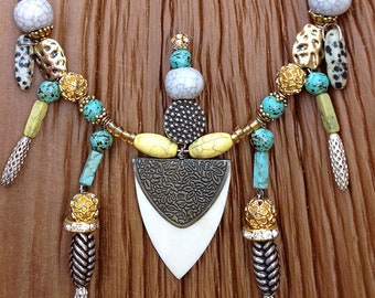 VERY UNIQUE Handmade Tribal Necklace, Boho, Safari, Turquoise, Festival, Bone, Statement, Sexy, Ethnic, Native,(High Priestess Necklace)