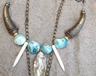 Aqua Blue Glass Shell Bead Tribal Collar Necklace, Cracked Marquise Pendant & Bone Spikes, Brass Horn Boho Jewelry, Egyptian Jewelry,
