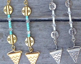 Handmade Turquoise Stone & Raw Brass Triangle Earrings, Long Arrow Earrings, Unique Aqua Beaded Gold Earrings, Chic Boho Dangle Earrings