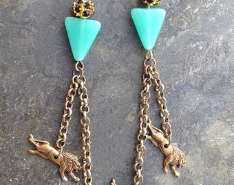 LIONS Handmade Tribal Earrings, Earrings, Boho, Festival, Dangle, Chain, Vintage Brass, Sexy, Rhinestone (Roaring Gold Earrings (set one)