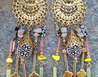 Handmade Tribal Earrings, Boho, Long Dangle Earrings, Vintage Brass, Festival, Native, Unique, Safari (Jungle Riches Earrings (set one)