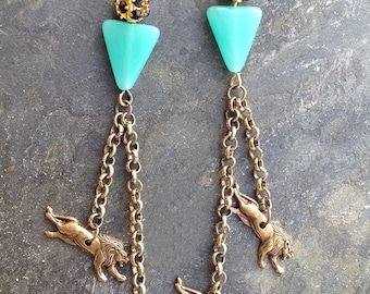 Handmade Tribal Earrings, Lion Earrings, Boho, Festival, Dangle, Chain, Vintage Brass, Sexy, Rhinestone (Roaring Gold Earrings (set two)