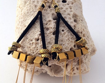 Most Unique Leather Triangle Earrings, Cube Beaded Earrings, Hematite Earrings, Handmade Black & Gold Earrings, Metal Tassel Dangle Earrings