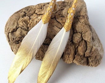 ONE OF A KIND Handmade Feather Earrings, Hand Painted Feather Stud Earrings, Unique Native Gold Feather Earrings, Boho Cowgirl Earrings