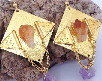 Brass & Amethyst Statement Earrings, Unique Healing Stone Earrings, Multi Shaped Dangle Earrings, Good Vibes Earrings, Raw Crystal Earrings