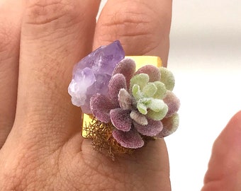 Succulent Ring, Handmade Amethyst ring, Crystal ring, Quartz Healing ring, Chakra Yoga Jewelry, Boho Beach Ring, Succulent Decor Art Gift