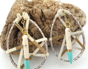 Handmade Modern Dream Catcher Earrings, Leather Wrapped Hoop Earrings, Unique Hand Painted Bone Bead Earrings, Native American Earrings