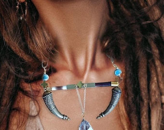 Unique Porcupine Quill Necklace, Tibetan Jewelry, Tribal Statement Necklace, Wrapped Crystal Pendant, Viking Warrior Necklace, Odin Jewelry