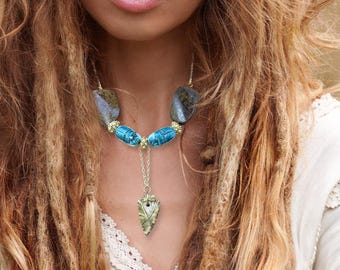 Mixed Worlds Necklace, Egyptian Choker, Scarab Pendant, Arrowhead Necklace, Tribal Princess Necklace, Painted Arrowhead Pendant, Unique Gift