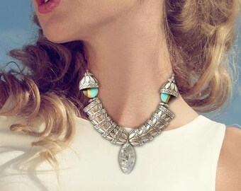 Handmade Silver Statement Necklace, Unique Medieval Necklace, Foil Wrapped Pendant, Warrior Princess Necklace, Metal Armor Necklace,