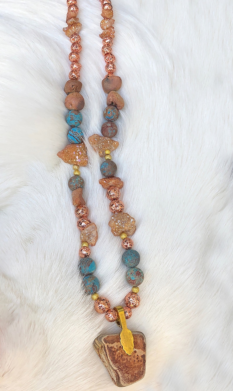Earthy Goddess Handmade Unique Beaded Necklace with Rock pendant druzy quartz Boho Hippie Festival Energy Yoga Earth Dust Necklace