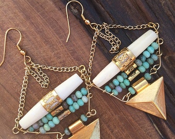 Handmade Tribal Earrings, Boho earrings, Triangle earrings, Jasper Beaded, Bone beads, Arrow earrings, Sexy (Pointing the Way Earrings)