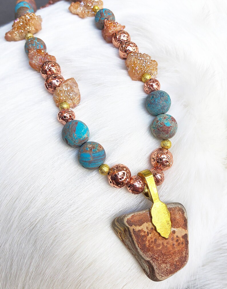 Earthy Goddess Handmade Unique Beaded Necklace with Rock pendant druzy quartz Boho Hippie Festival Energy Yoga Earth Dust Necklace