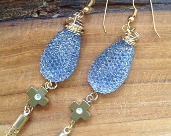 SPARKLING Handmade Dangle Earrings, Boho, Cross, Wire Wrapped, Elegant, Celebrity, Royal, Rhinestone Earrings(Crystal Rain Earrings)