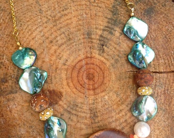 Handmade Boho Necklace, Tribal, Goddess, Gypsy, Healing, Wood, Agate, Shell, Coral, Sexy, Summer, Statement, Festival (Beach Ready Necklace)