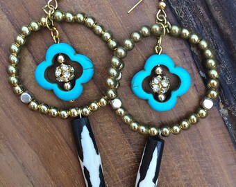 Handmade Tribal Earrings, Bone, Boho, Dangle, Turquoise, Beaded, Rhinestone, Sexy, Festival, African, Healing (Turkish Delight Earrings)