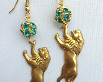 Handmade Lion Earrings, Vintage Brass, Rhinestone, Gold, Runway, Celebrity, Tribal, Boho earrings, Unique (Couture Corruption Earrings)