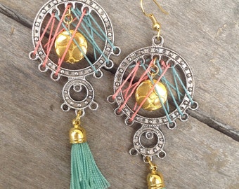 Handmade Tassel Earrings, Festival, Boho Tribal, Dream Catcher, Dangle, Sexy, Celebrity, Unique, Western, Native (Dream Captured Earrings)