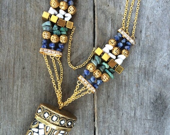 Handmade Tibetan Necklace, Boho, Horn, Tusk, Tribal, Festival, Sexy, Beaded, Chain, Healing, Chakra, Yoga, Unique (Tibetan Tribe Necklace)