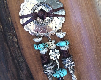 Handmade Western Necklace, Boho, Tribal, Beaded, Bone, Turquoise, Leather, Cowboy, Native, Sexy, Unique (Ready to Ride Necklace)