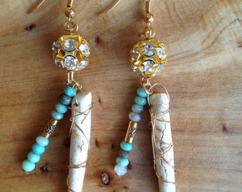 Handmade Tribal Earrings, Boho, Swarovski, Dangle, Festival, Native, Unique Wire Wrapped Bone & Jasper (Fantasizer Earrings (set 2)