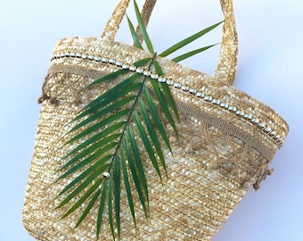 Handmade Beach Bag, Straw Tote, Palm Leaf, Tropical Purse, Boho, Summer, Flower, Fabric Trim Nature, African, Designer  (Living Lush Tote)