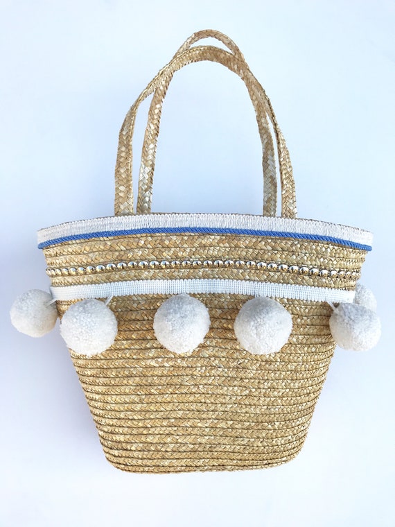 Handmade HUGE POM POM Tote, Beach Bag, Summer, Boho, Festival Tote, Metal, Basket, Fringe Trim, Tassel Bag, Wedding Purse, Bridal Tote, Cute