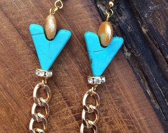 Handmade Southwestern Turquoise Earrings, Dangle, Tribal, Boho, Chain, Rhinestone, Sexy, Festival, Arrow, Beaded (Christian Jingle Earrings)