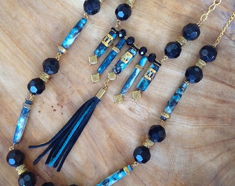 STUNNING Handmade Boho Necklace, Tribal, Festival, Dyed Bone, Statement, Sexy, Unique, Ethnic, Native, ONYX (The Beautiful Samurai Necklace)