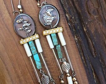 Handmade Boho Earrings, Tribal, Crystal, Dangle, Beaded, Turquoise, Rhinestone, Festival, Gemstone, Healing, (Made from a Song Earrings)