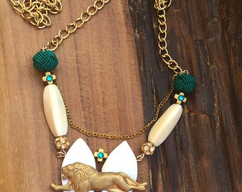 UNIQUE Handmade Lion Necklace, Boho, Tribal, Brass, Festival, Shell, Bone, Statement, Sexy, Healing, Ethnic, Native, (Felis Leo Necklace)