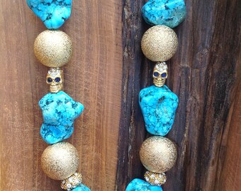 Handmade Turquoise Necklace, Tribal, Skull, Boho, Festival, Statement, Sexy, Rhinestone, Unique, Ethnic, Native (Sweet Sorrow Necklace)