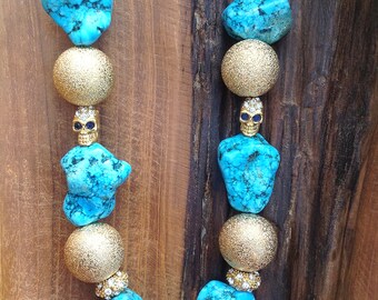 Handmade Turquoise Necklace, Tribal, Skull, Boho, Festival, Statement, Sexy, Rhinestone, Unique, Ethnic, Native (Sweet Sorrow Necklace)