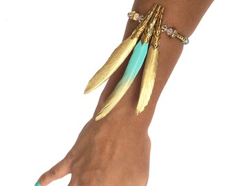 Feather Bracelet, Painted Feathers, Native American Bracelet, Tribal Cuff, African Bracelet, Western, Cowgirl Bracelet, Warrior Cuff, Viking