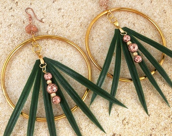 Handmade Tropical LEAF Hoop Earrings, Palm, Boho, Tribal, Festival, Goddess, Quartz, Flower, Unique Coachella, SEXY (Palm Princess Earrings)